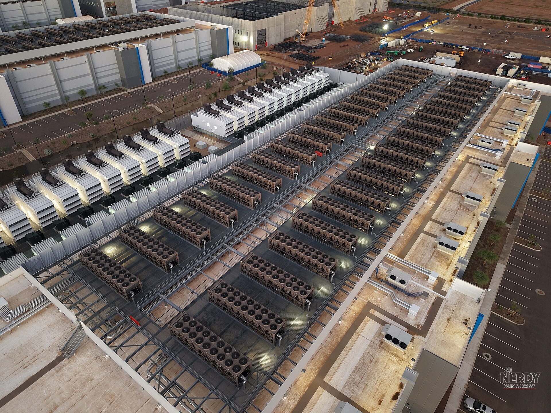 Cooling towers and backup generators on a data center roof — energy use is driving data center ballot measures