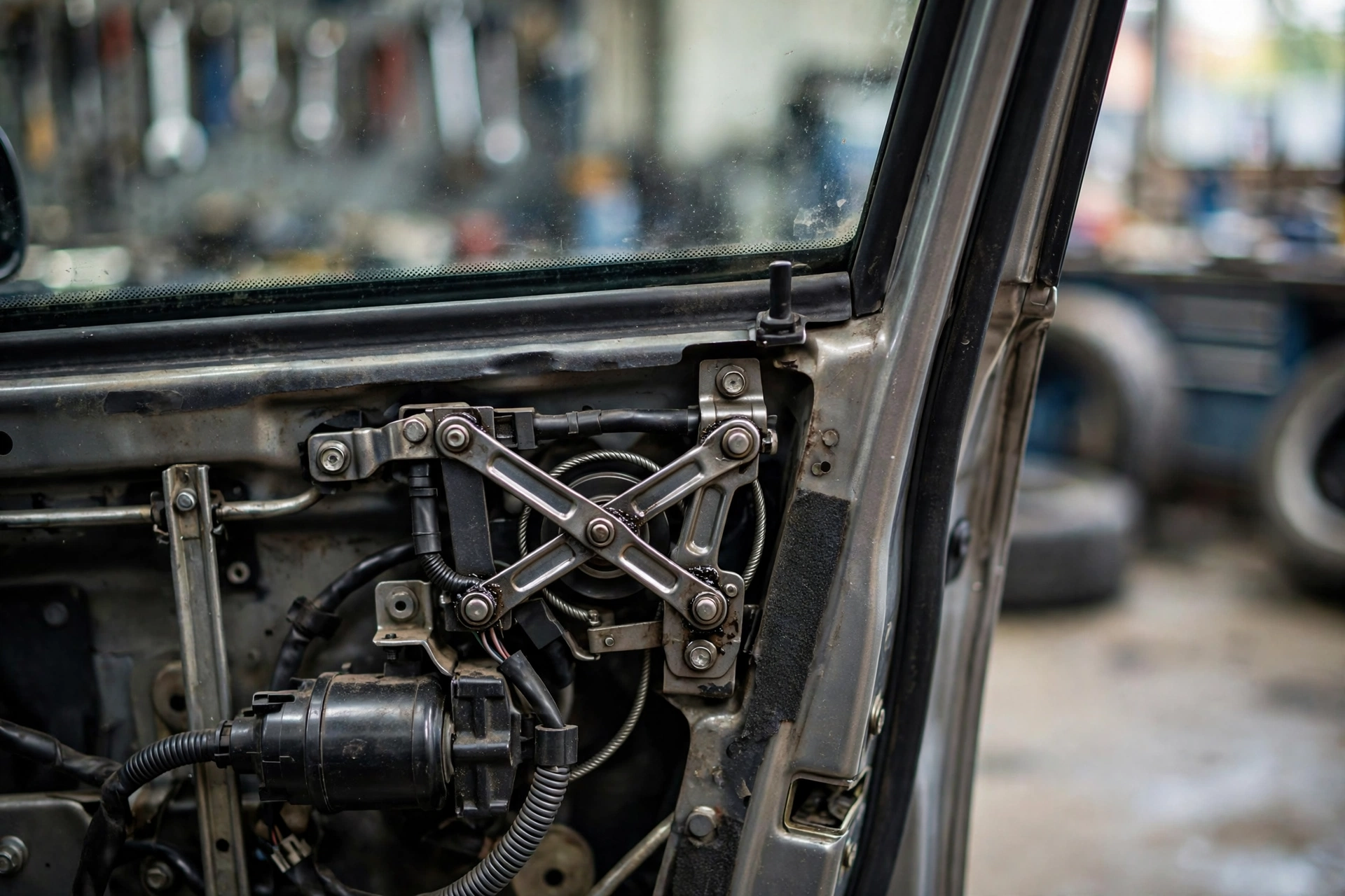Close-up of a car power window mechanism and glass detail in a workshop related to the Cadillac Optiq recall