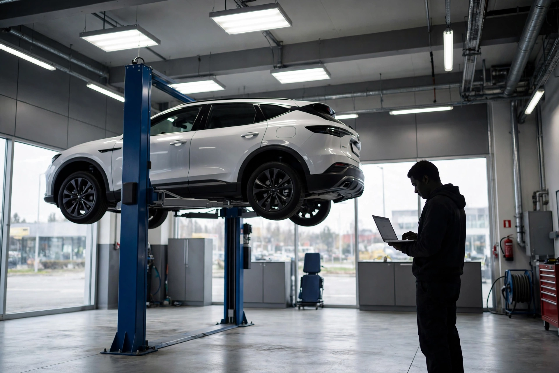 Dealership service bay with a car on a lift and technician silhouette for the Cadillac Optiq recall software fix
