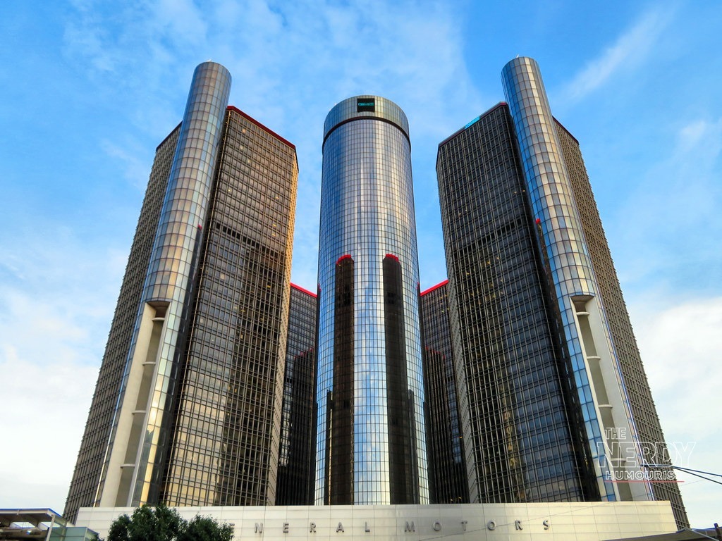The Renaissance Center in Detroit, headquarters of General Motors — GM Q3 sales 2026 brand breakdown shows Cadillac down 30% while Buick rose 7.9%
