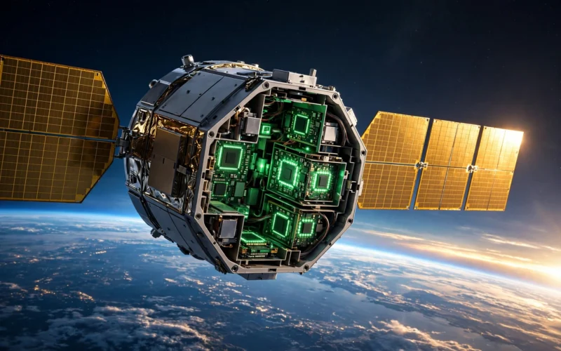 Project Suncatcher satellite with solar panels orbiting Earth carrying Google AI chips