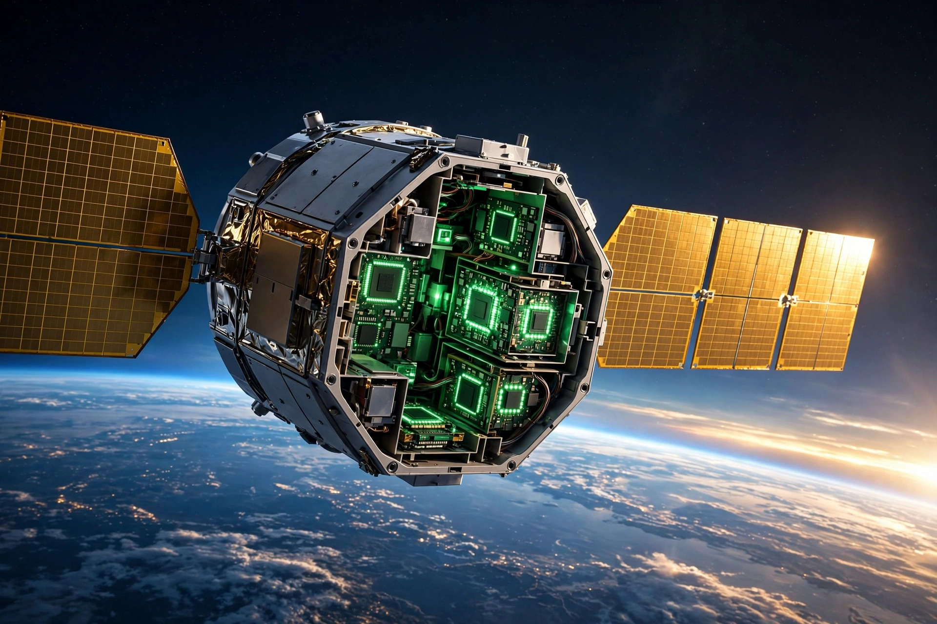 Project Suncatcher satellite with solar panels orbiting Earth carrying Google AI chips