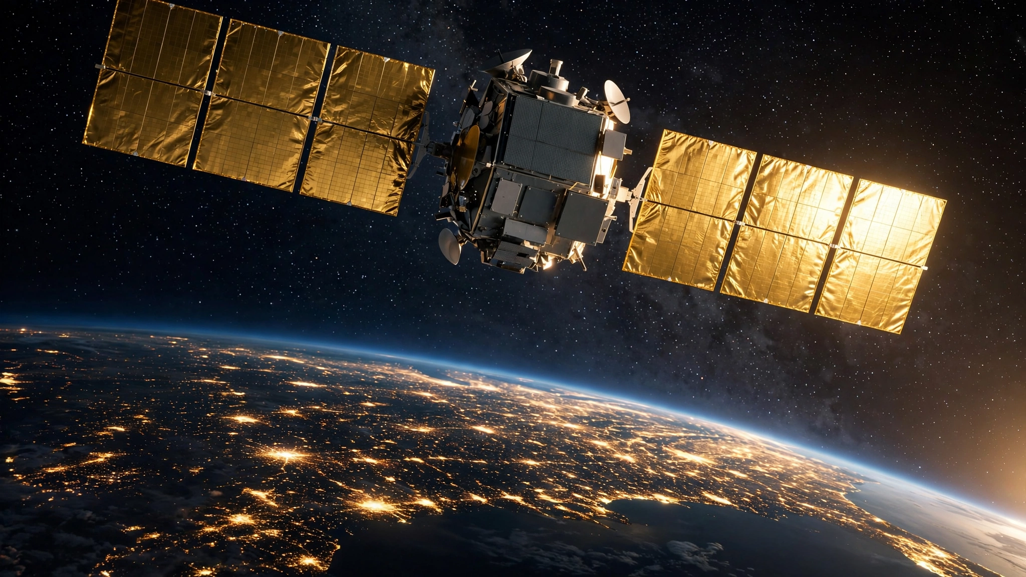 Close-up of Project Suncatcher prototype satellite with golden solar panel wings above Earth