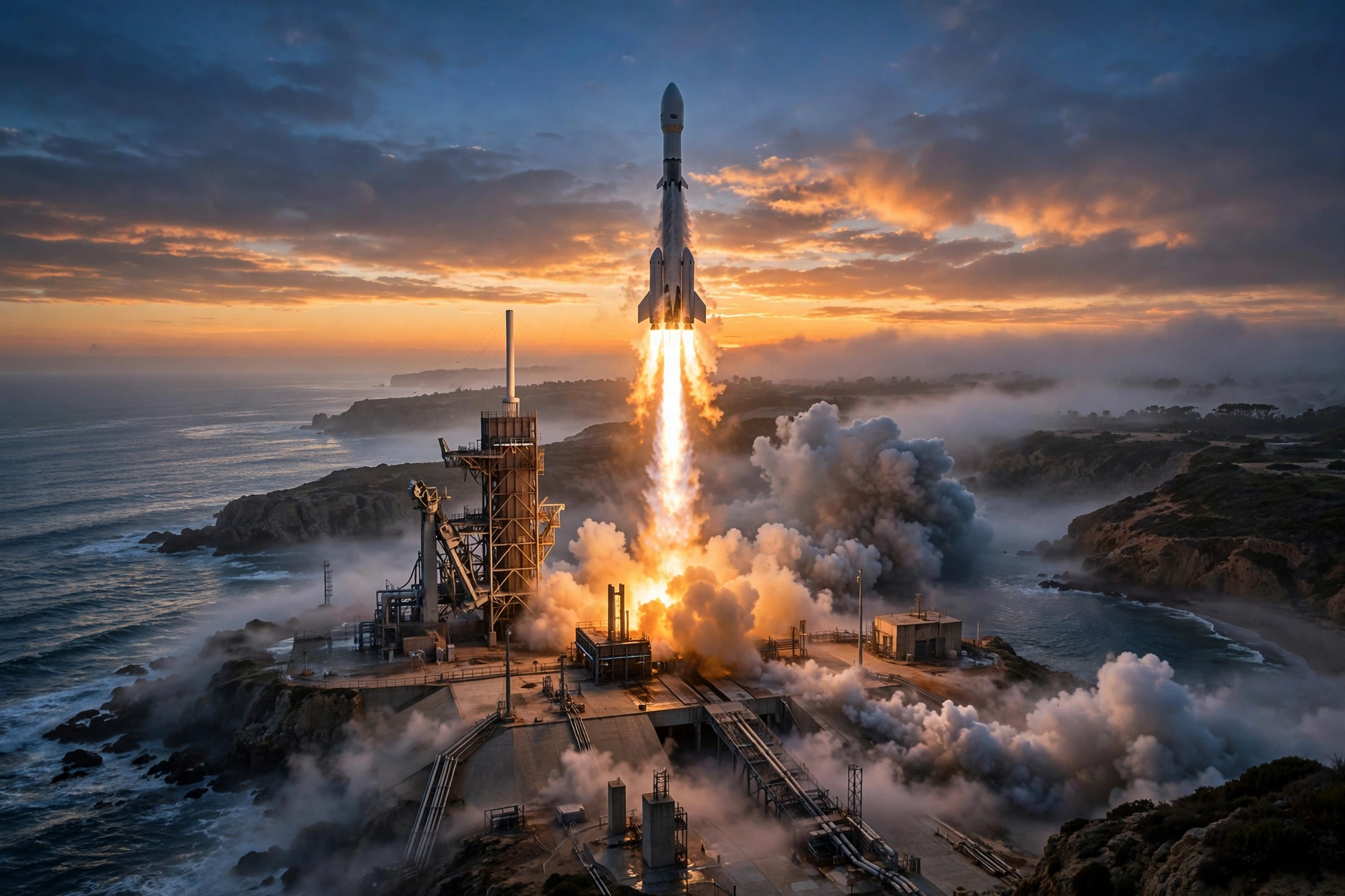 Rocket launching at dawn from Vandenberg carrying Project Suncatcher AI hardware into orbit