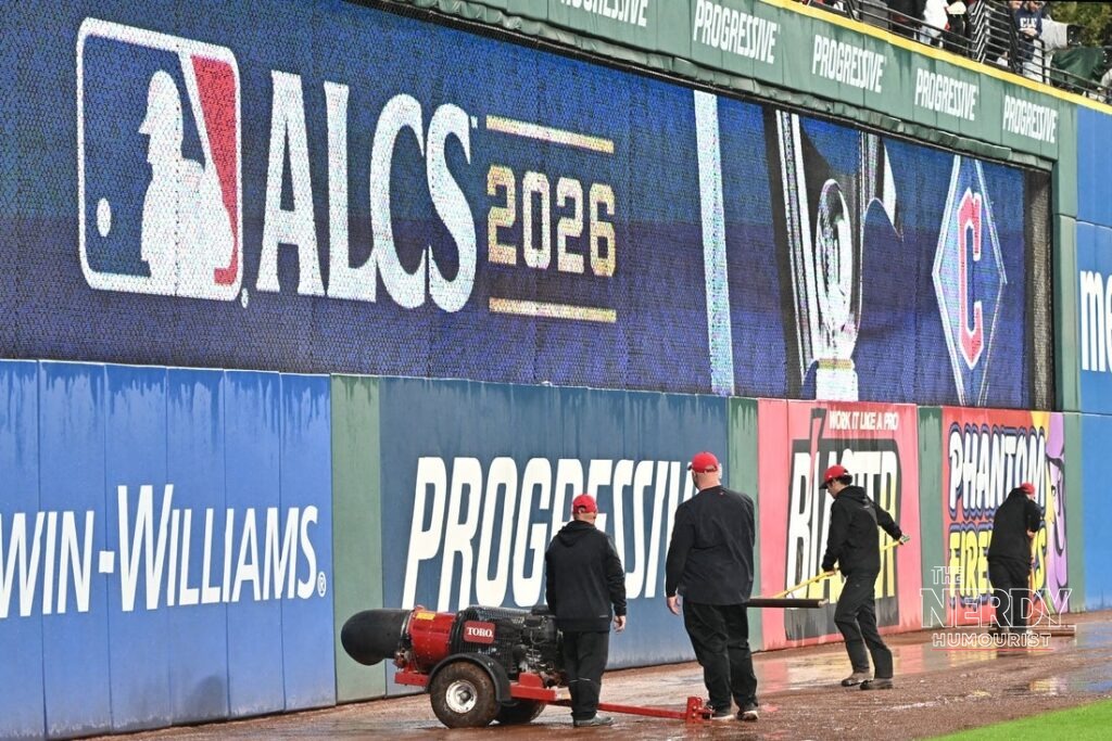 Grounds crew working the soaked warning track at Progressive Field after ALCS Game 4 was postponed by rain