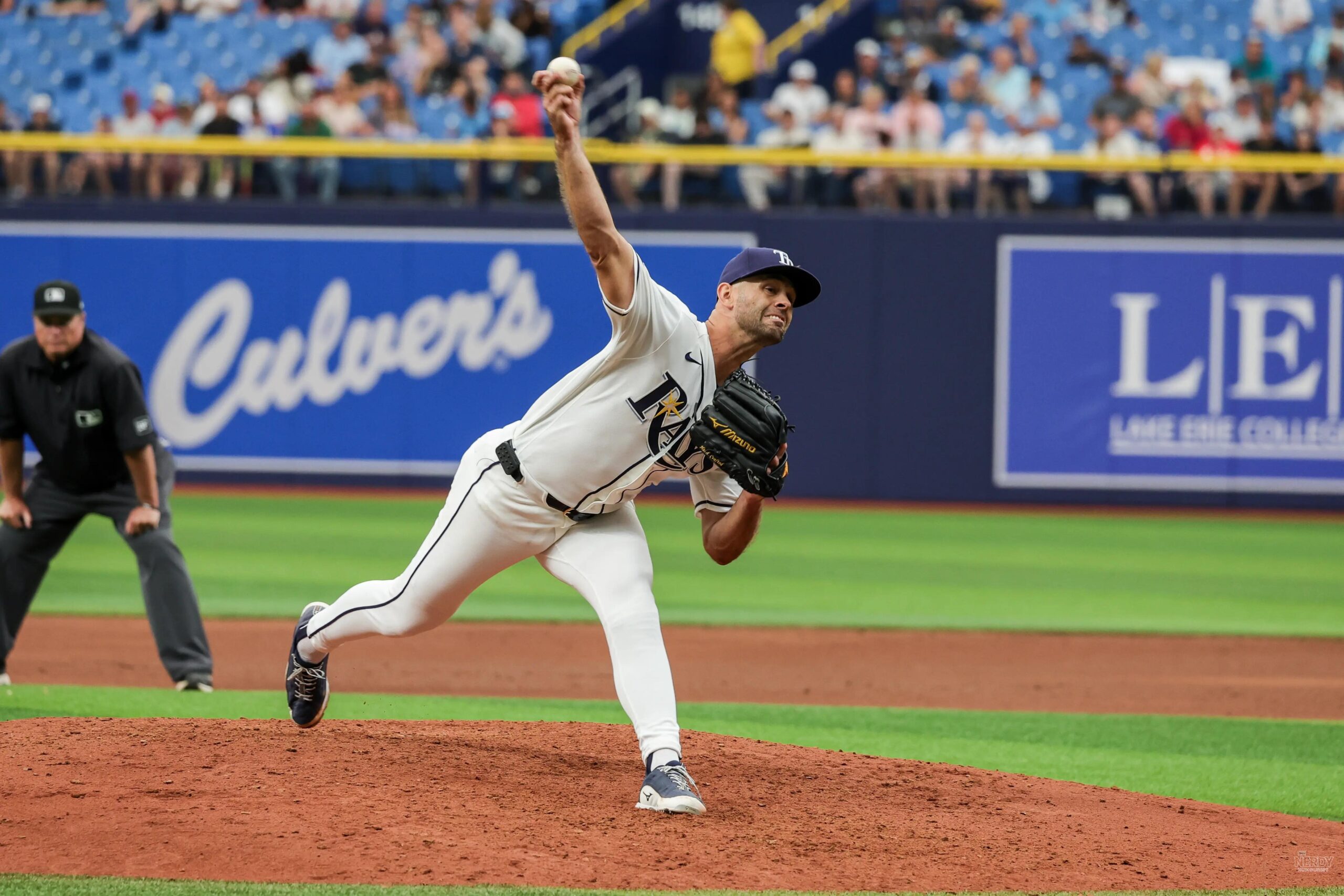 Tampa Bay Rays pitcher Nick Martinez delivering a pitch; he is the scheduled Game 4 starter