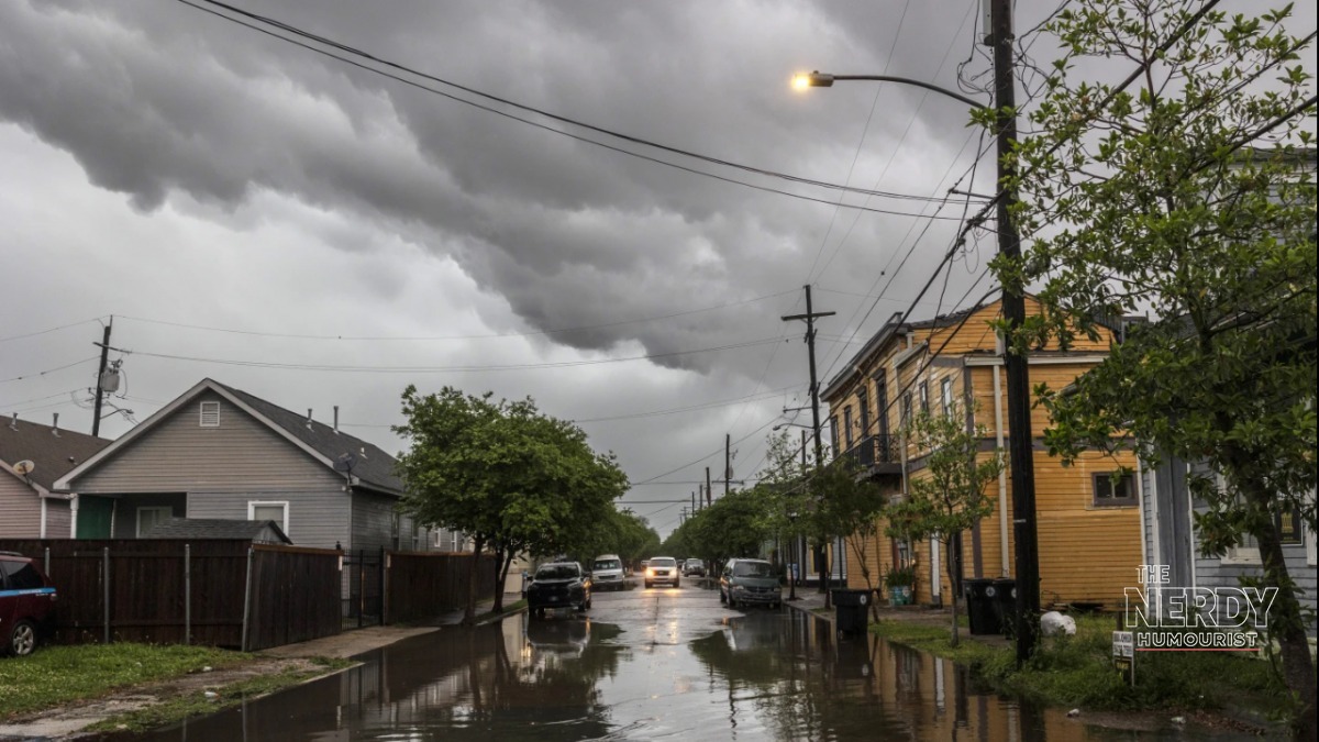 A flooded residential street in New Orleans with storm clouds overhead during the Gulf Coast flash flood threat storms event