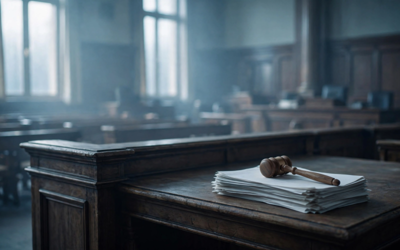 Empty judge's bench and gavel in a courtroom during the Halle Berry restraining order case