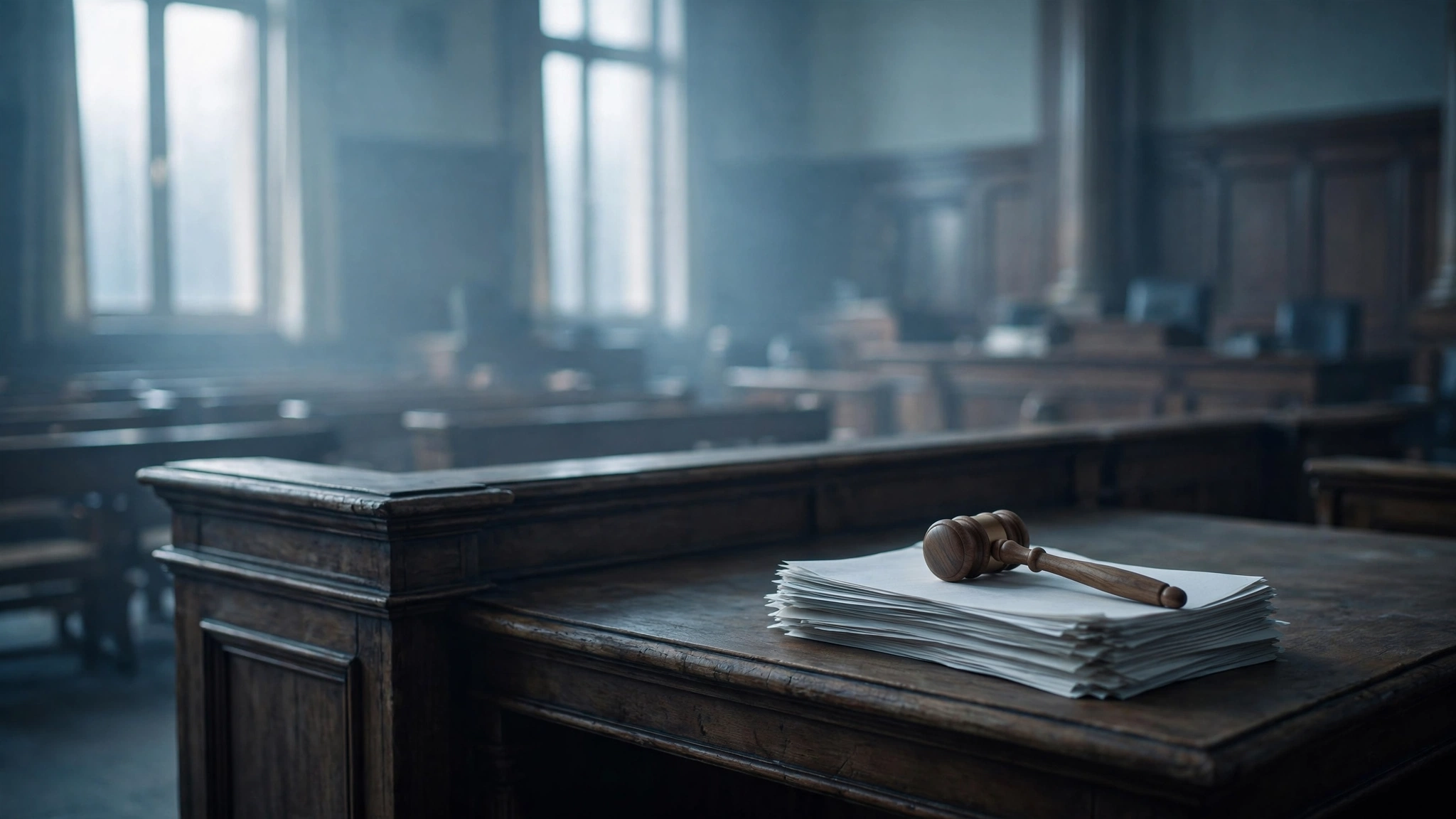 Empty judge's bench and gavel in a courtroom during the Halle Berry restraining order case