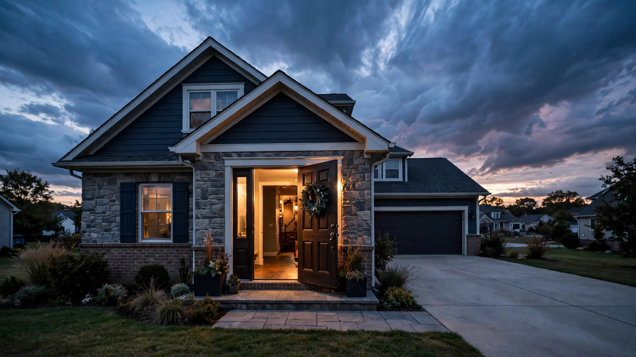 Suburban home doorway glowing at dusk, evoking the custody dispute behind the Halle Berry restraining order