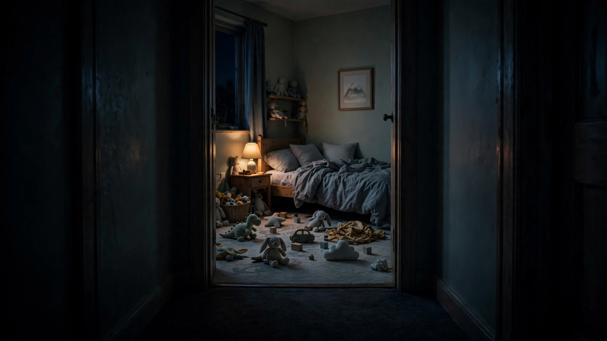 Child's bedroom seen from a dark hallway, representing the child at the center of the Halle Berry restraining order case