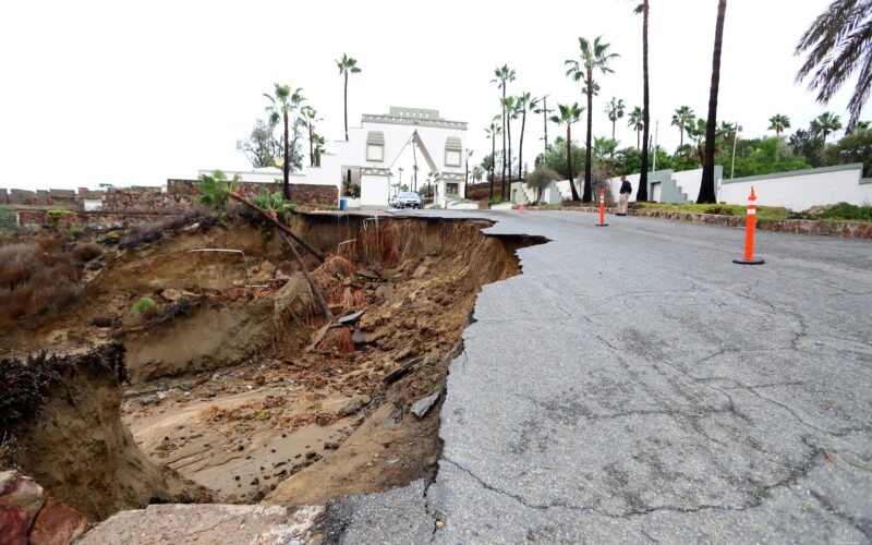 A road collapsed by floodwaters in Ensenada, Baja California, during the Hurricane Simon Mexico floods brought by Tropical Storm Rachel's remnants
