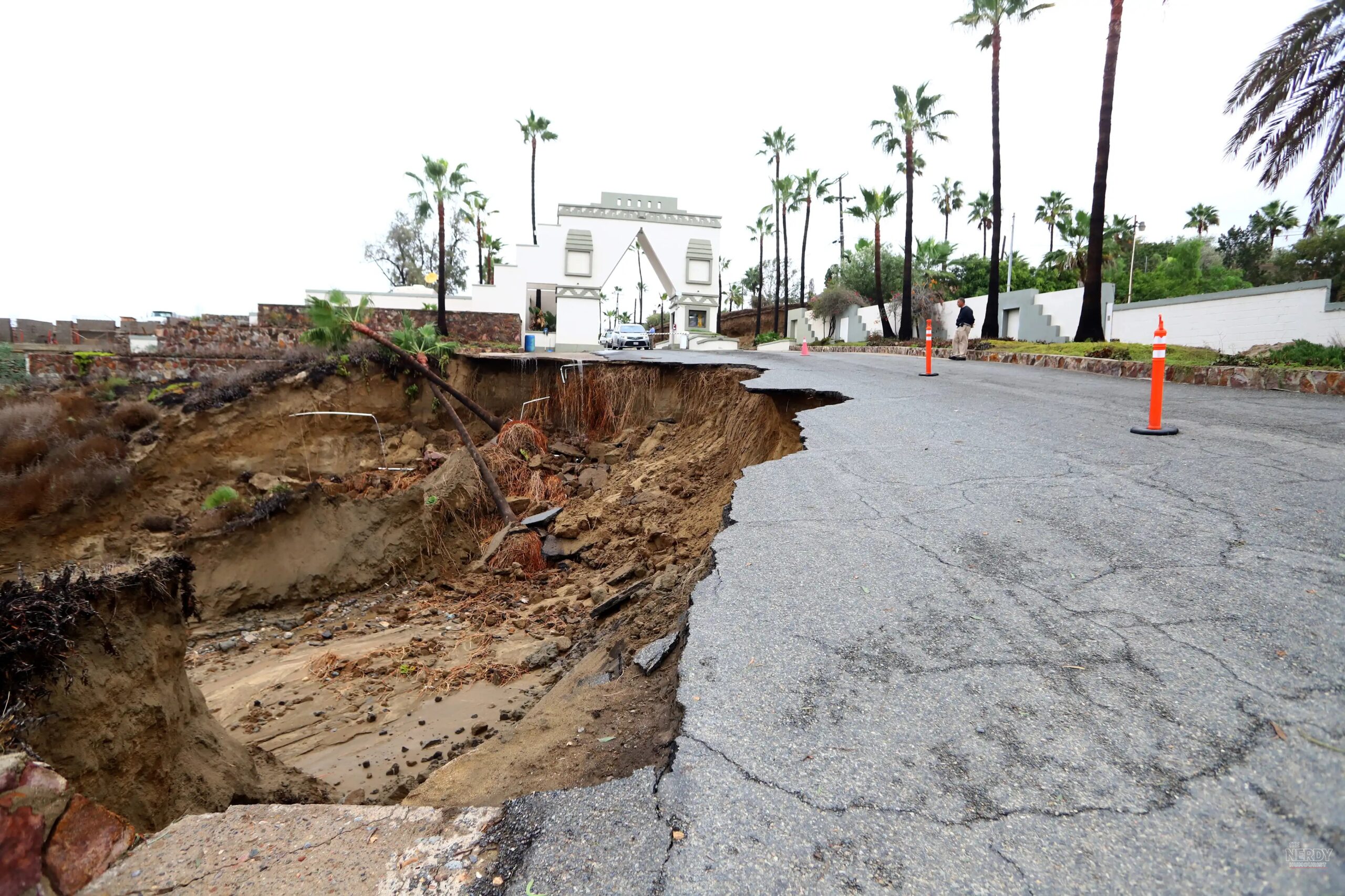 A road collapsed by floodwaters in Ensenada, Baja California, during the Hurricane Simon Mexico floods brought by Tropical Storm Rachel's remnants