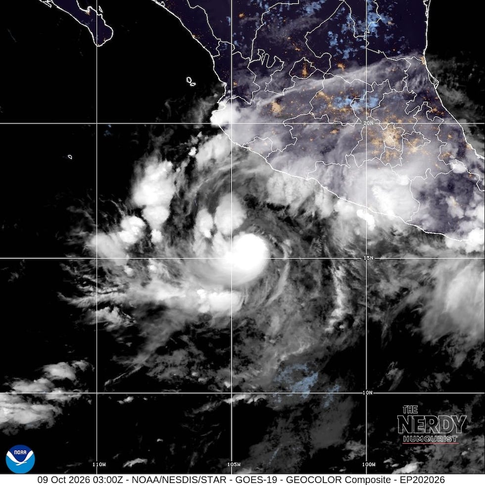 NOAA satellite image of Hurricane Simon in the Pacific on October 9, 2026, before the storm drove the Hurricane Simon Mexico floods