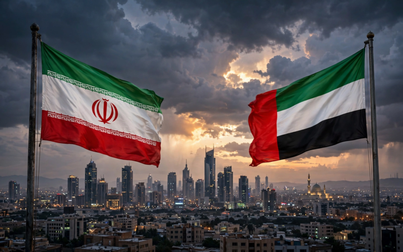 Iran warns UAE over Netanyahu visit — flags of Iran and UAE facing each other against a tense Middle East skyline at dusk