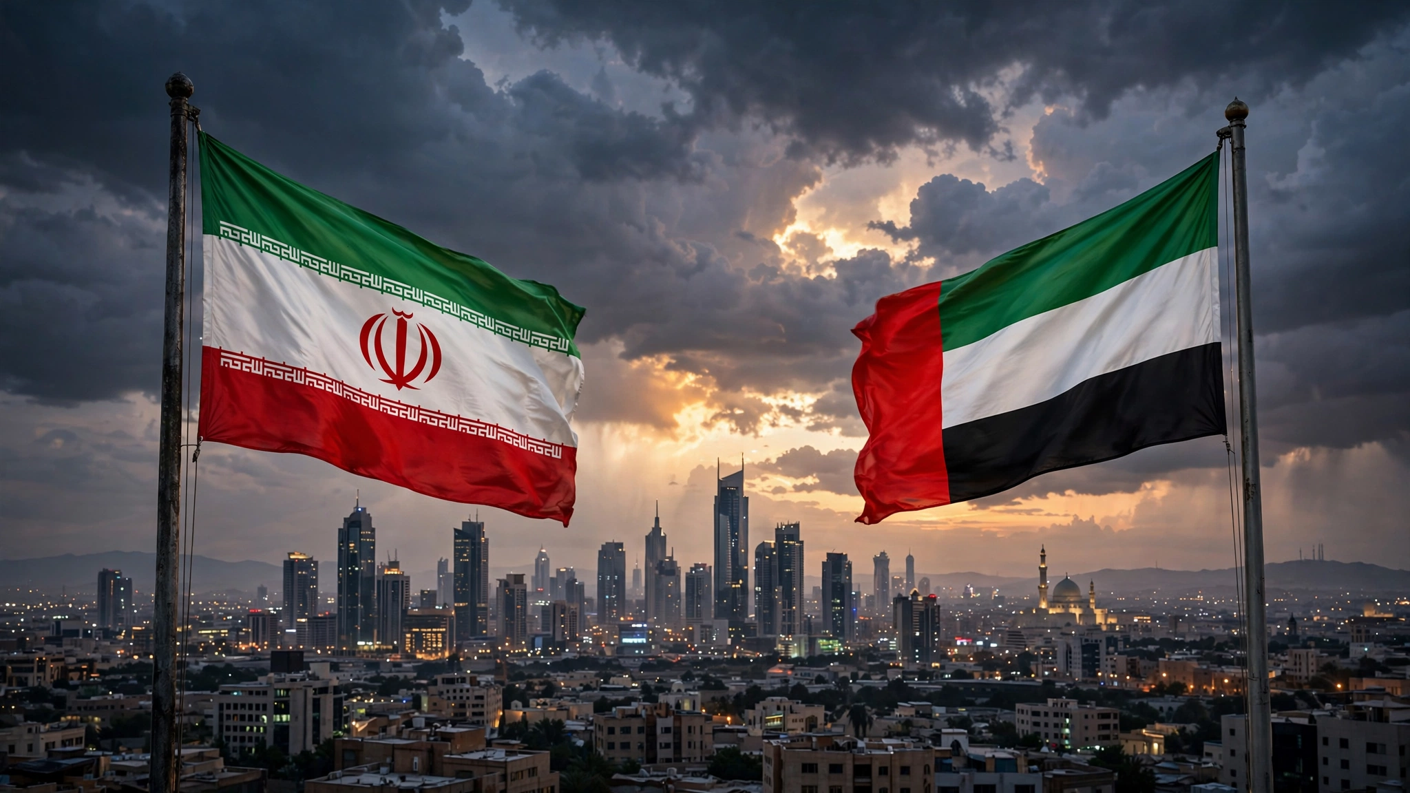 Iran warns UAE over Netanyahu visit — flags of Iran and UAE facing each other against a tense Middle East skyline at dusk