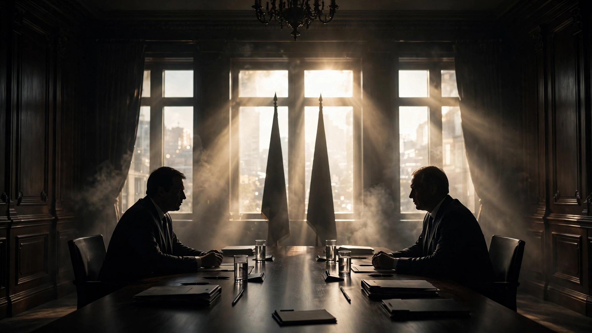 Silhouette of a diplomatic meeting between two leaders at a long table during the Iran warns UAE Netanyahu visit fallout