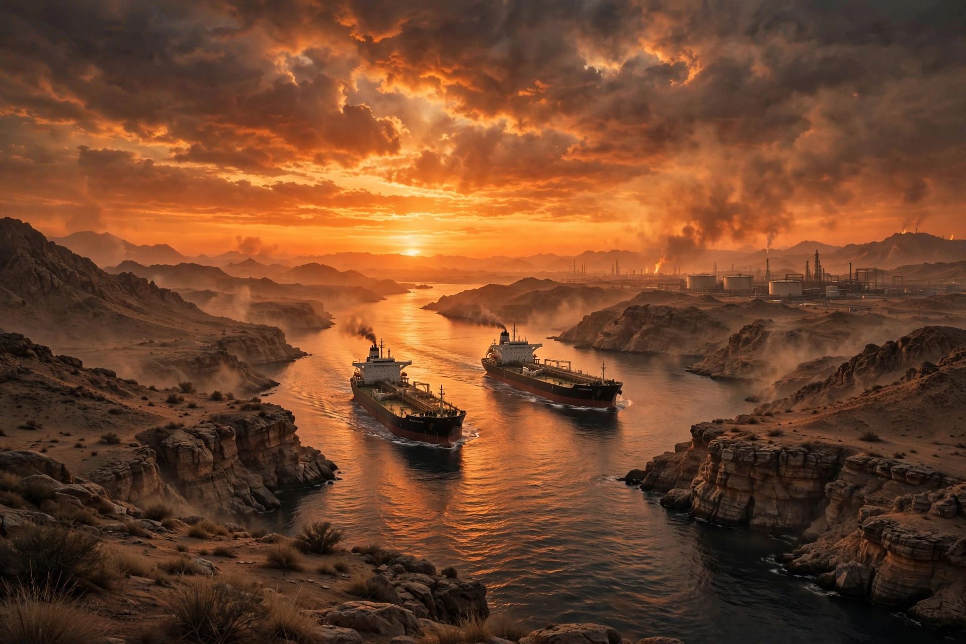 Oil tankers in the Strait of Hormuz at sunset as Iran warns UAE of dangerous consequences over Netanyahu visit