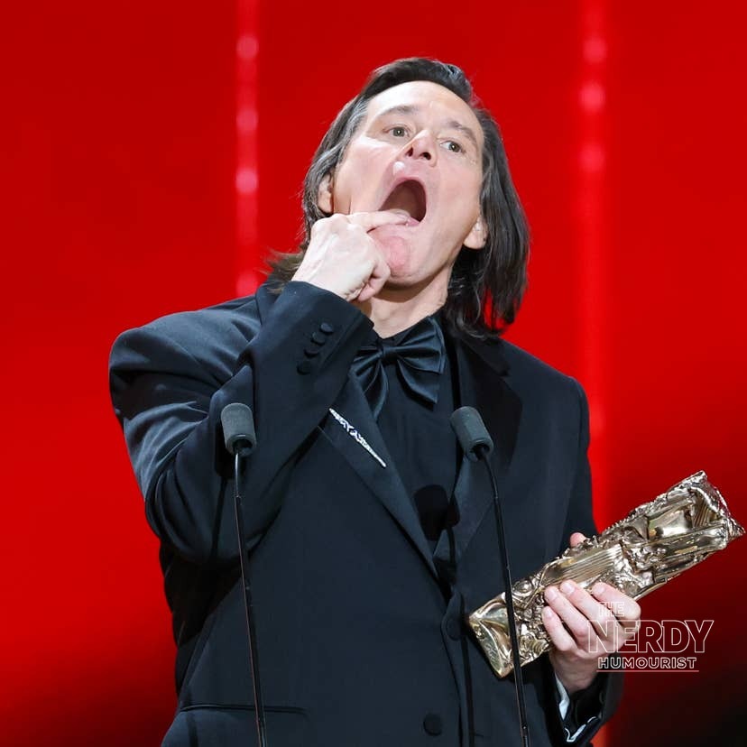 Jim Carrey pulling a comic face on stage while accepting his César honor — the night he called new wife Min Ah his sublime companion