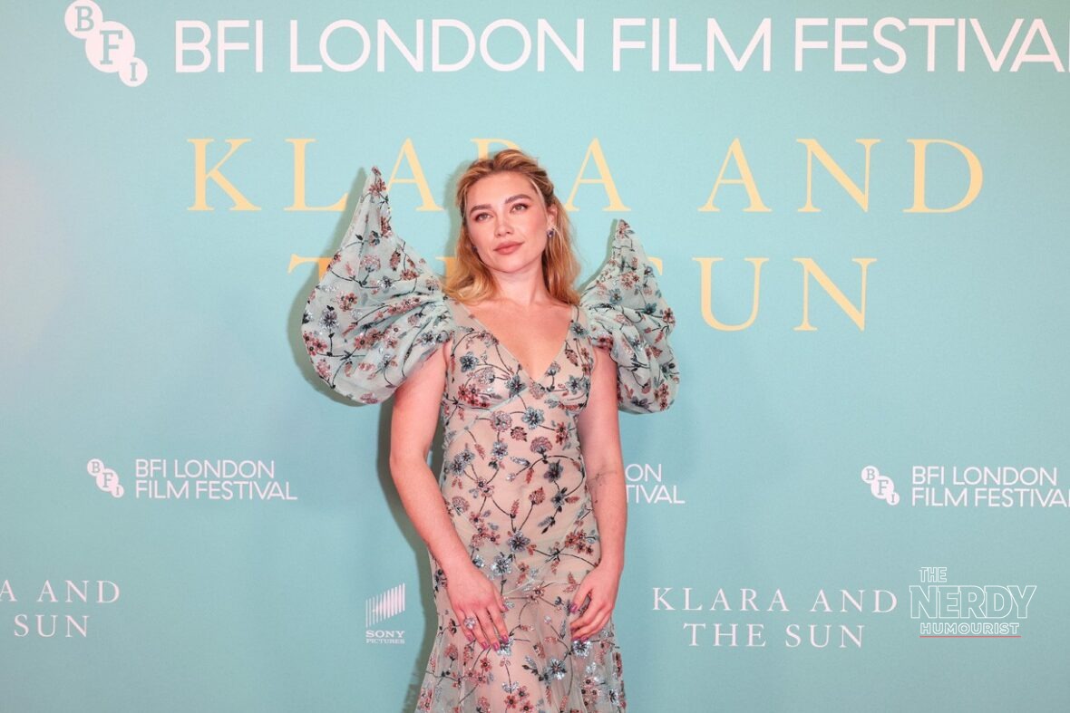 Florence Pugh in a blue Rodarte gown at the Klara and the Sun premiere, London Film Festival