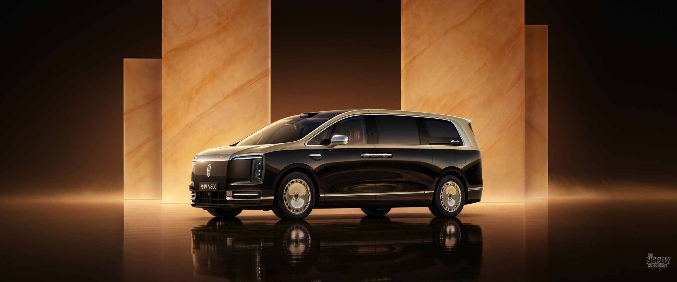 Black Maextro V800 luxury electric MPV in an official studio photo, the model at the center of the Maextro brake pedal probe