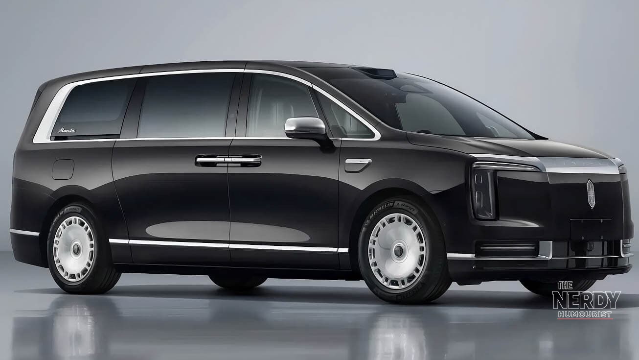 Side profile of the black Maextro V800, the Huawei and JAC luxury EV facing a multi-agency Maextro brake pedal probe in China