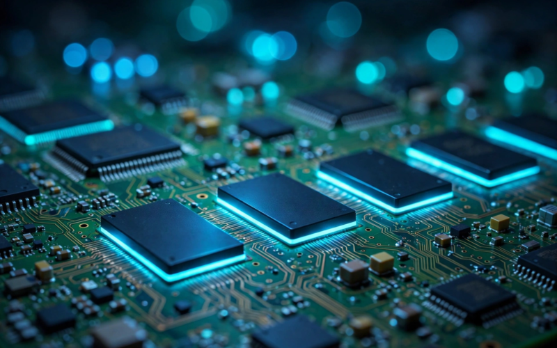 Glowing memory chips on a circuit board amid the Micron earnings AI memory boom