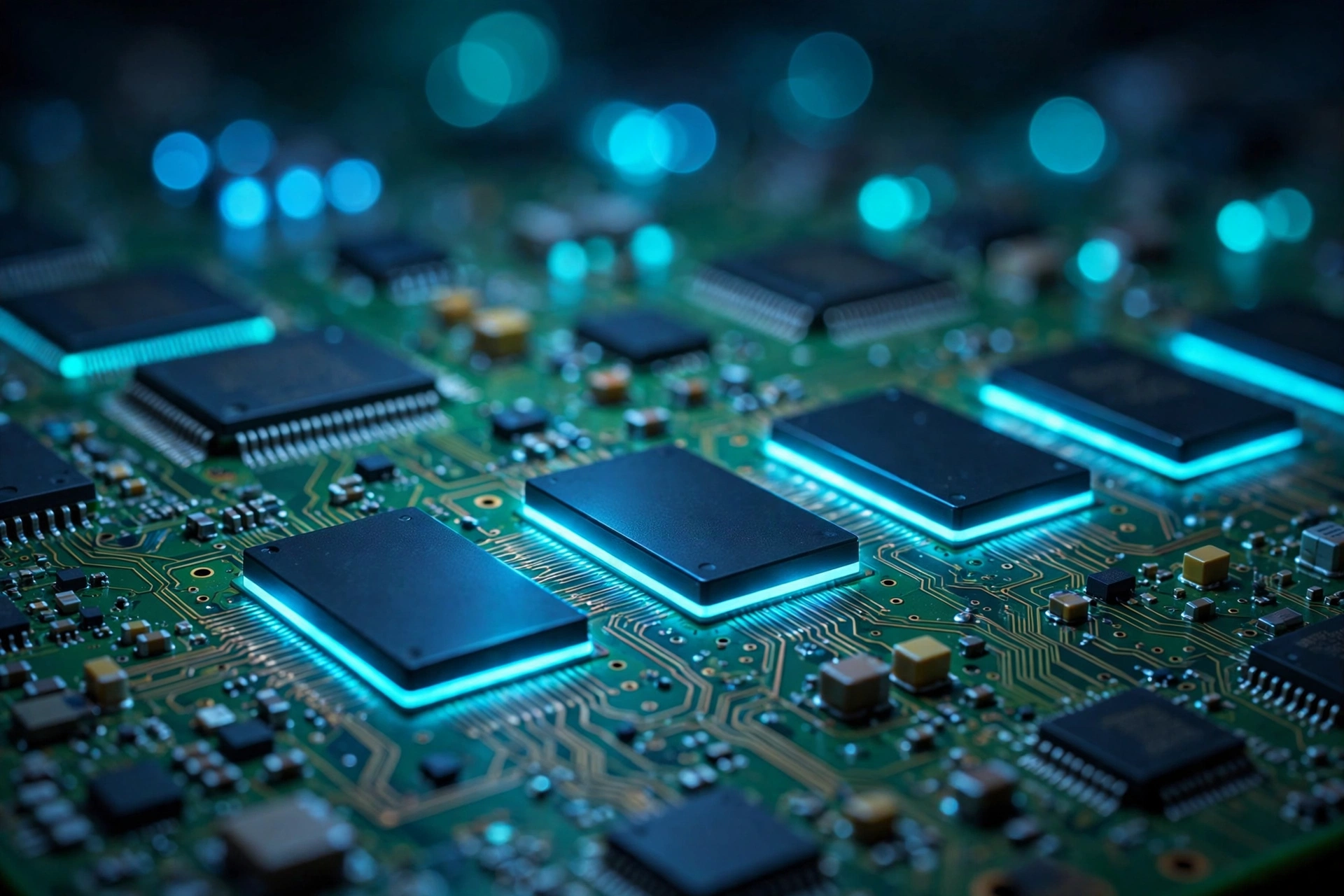Glowing memory chips on a circuit board amid the Micron earnings AI memory boom