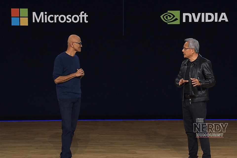 Satya Nadella and NVIDIA CEO Jensen Huang on stage together — both headline the Microsoft Surface event October 2026