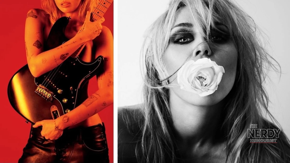 Miley Cyrus Bass Persuades chart drop: the red electric-guitar promo teaser and the black-and-white rose album cover from the 2026 album era