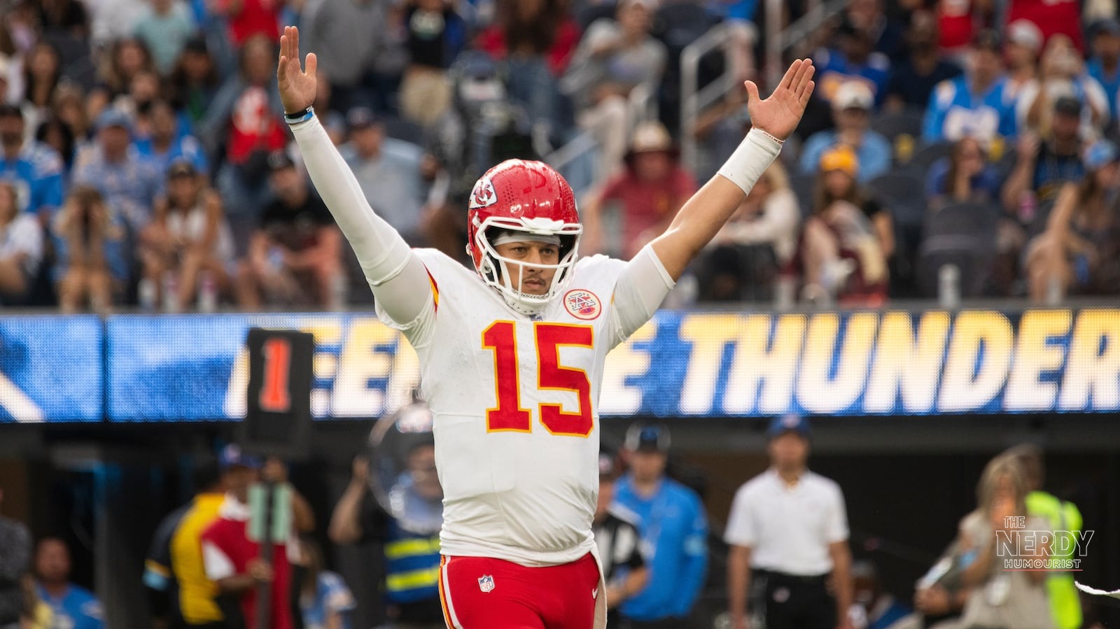 Kansas City Chiefs quarterback Patrick Mahomes celebrates during a game, as the NFL Week 7 schedule closes Sunday night