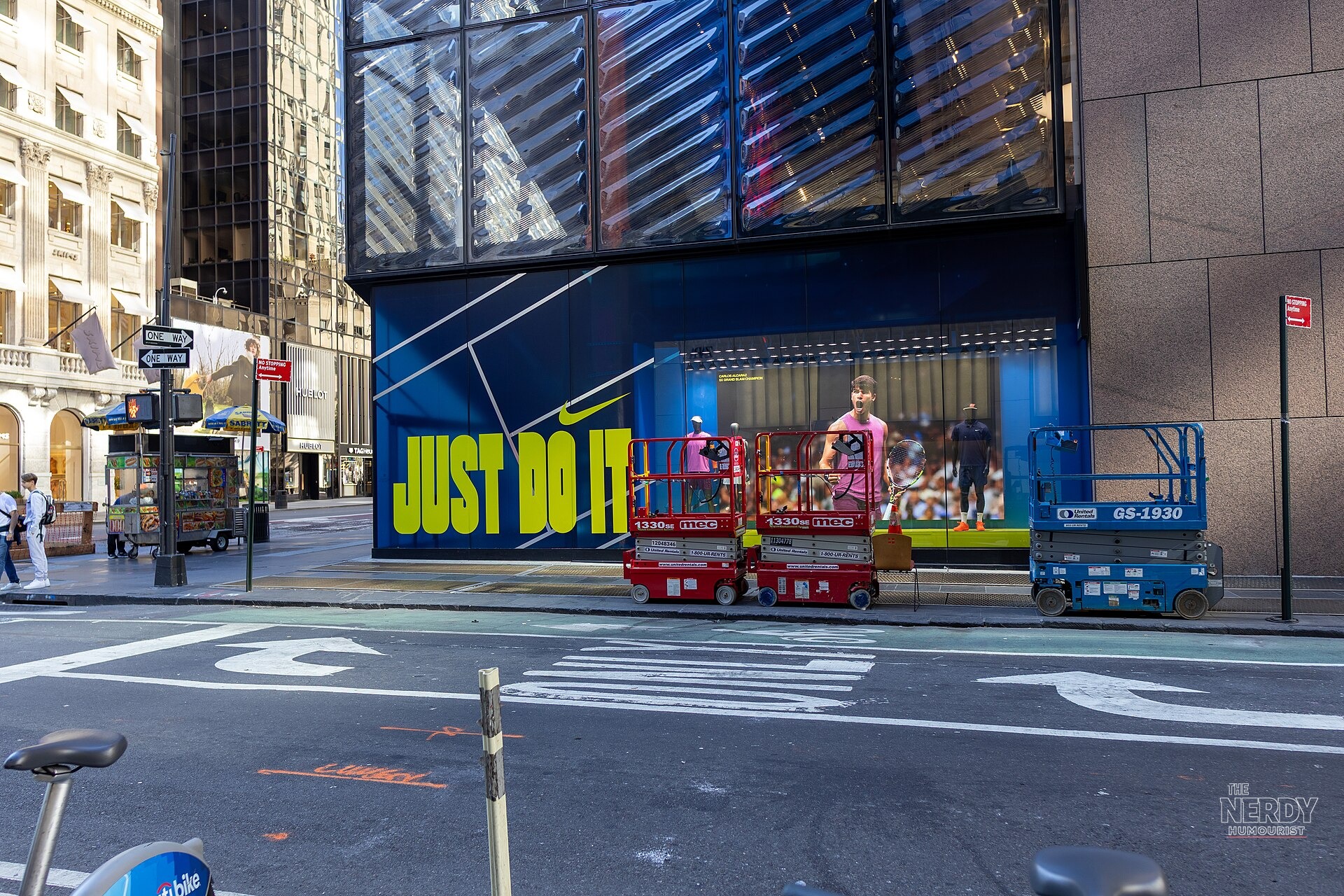 Nike flagship storefront in New York City with "Just Do It" signage, as the Nike stock earnings forecast triggers a roughly 8-9% share selloff