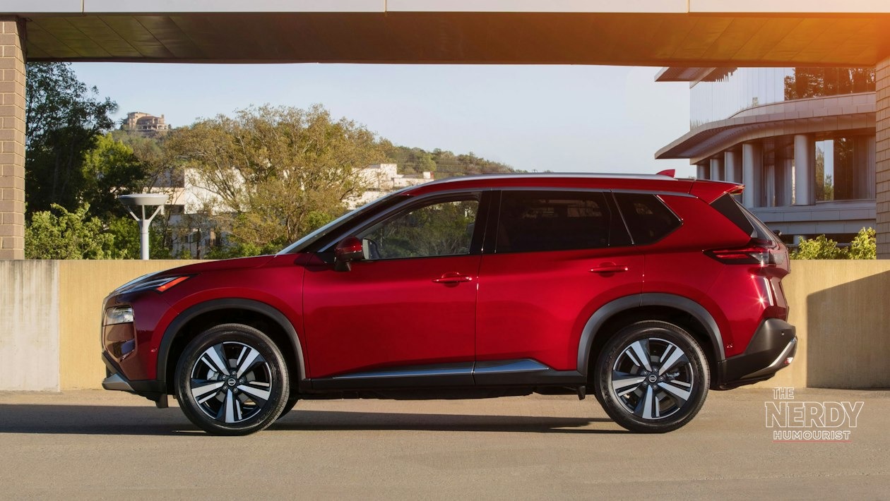 Red Nissan Rogue SUV profile view for the Nissan Q3 2026 sales report
