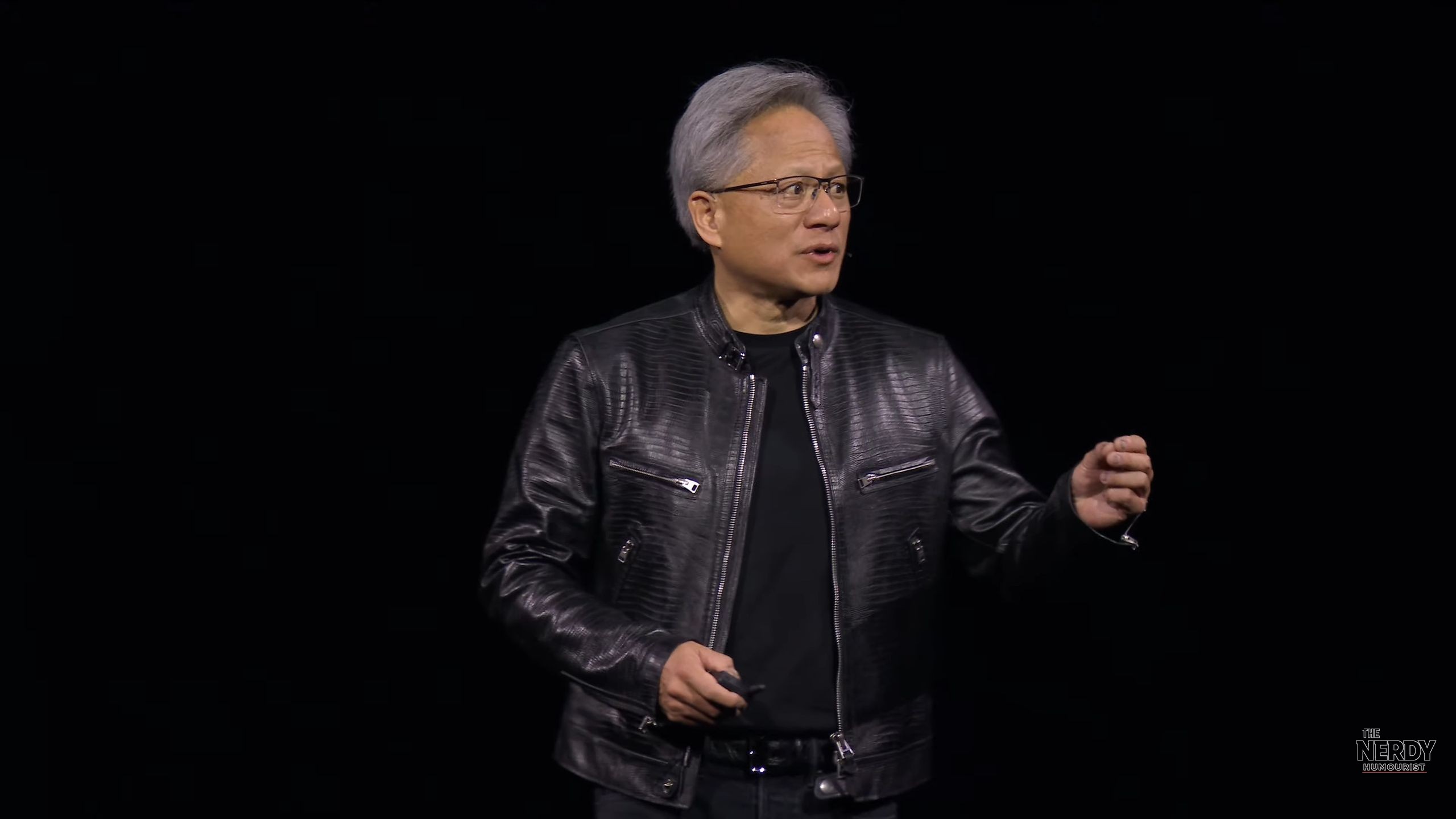 Nvidia CEO Jensen Huang on stage in his signature leather jacket amid Nvidia China AI chip share decline