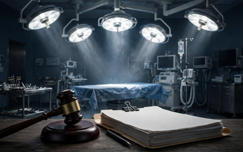 Wrong leg amputated lawsuit — empty hospital operating room with surgical lights, gavel and legal documents on a table nearby