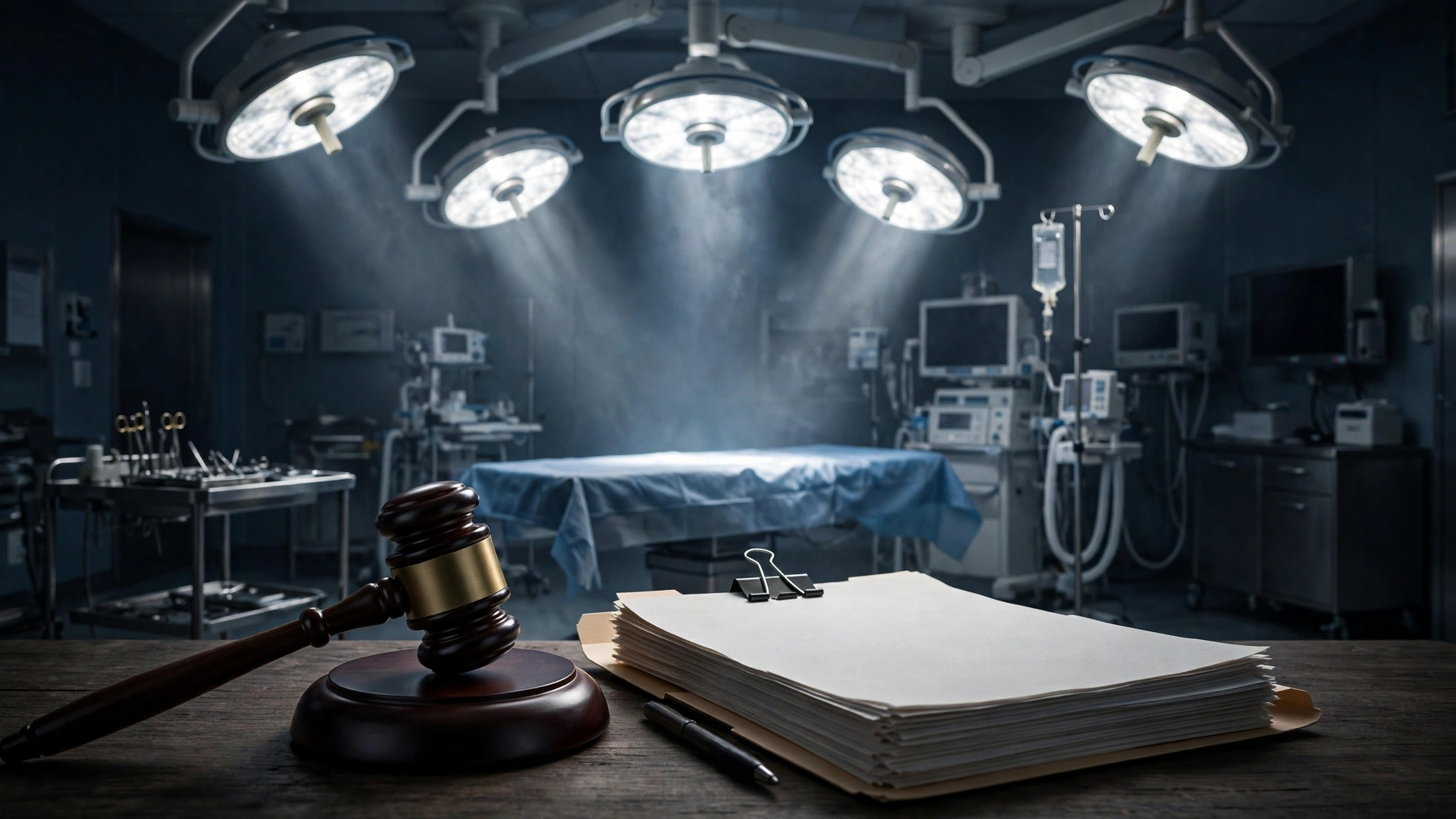 Wrong leg amputated lawsuit — empty hospital operating room with surgical lights, gavel and legal documents on a table nearby