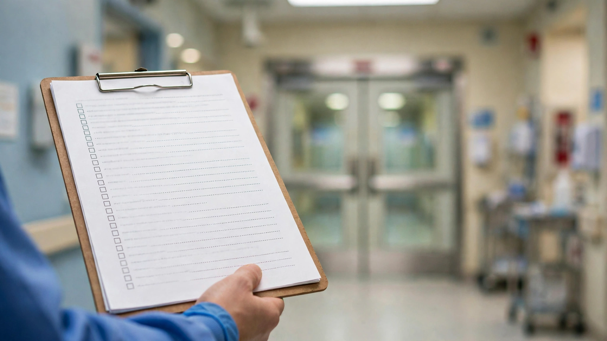 Wrong-site surgery prevention checklist on a clipboard in a hospital corridor, wrong leg amputated lawsuit