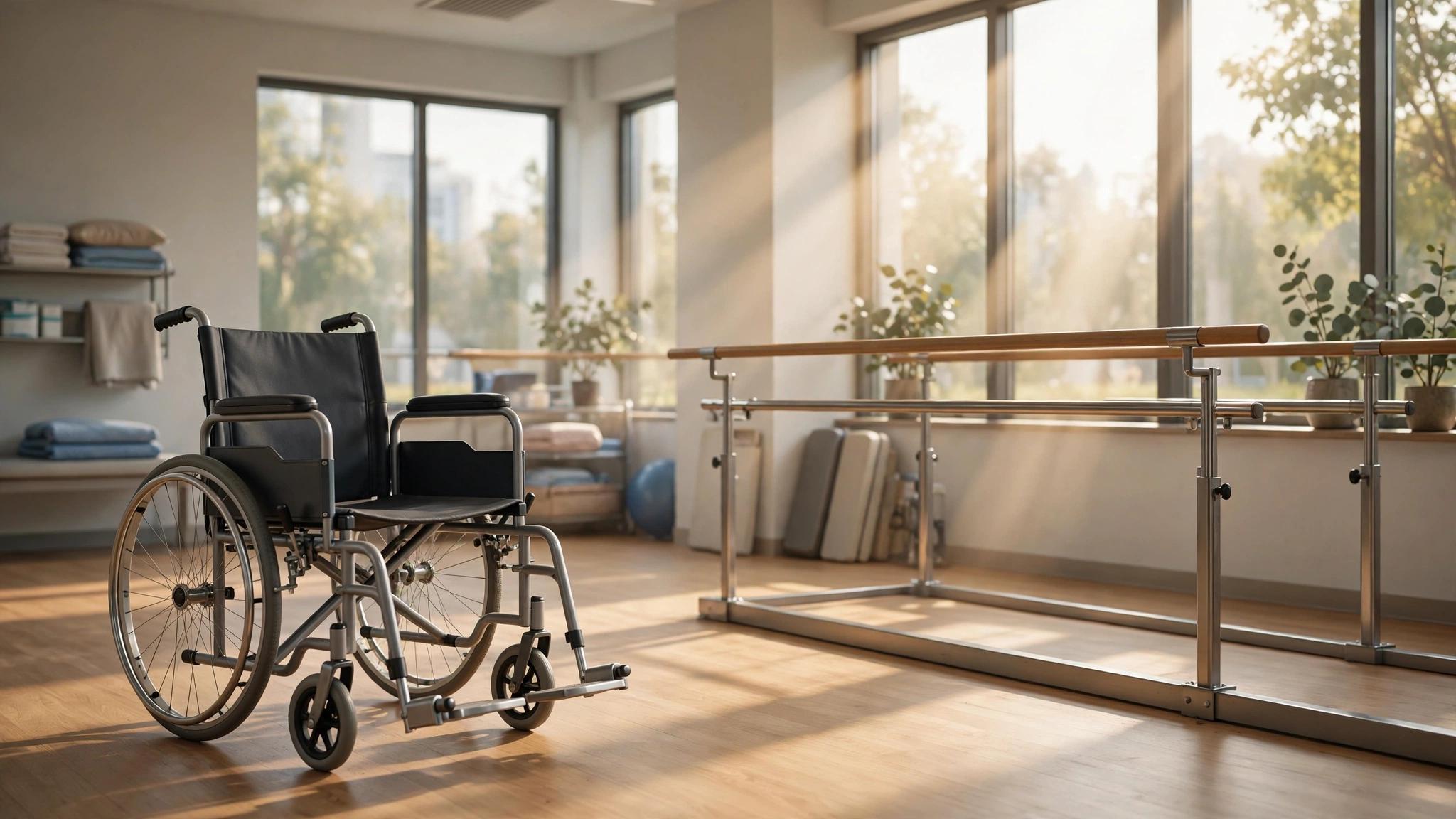 Wheelchair in a hospital rehabilitation room with sunlight through windows, aftermath of the wrong leg amputated lawsuit
