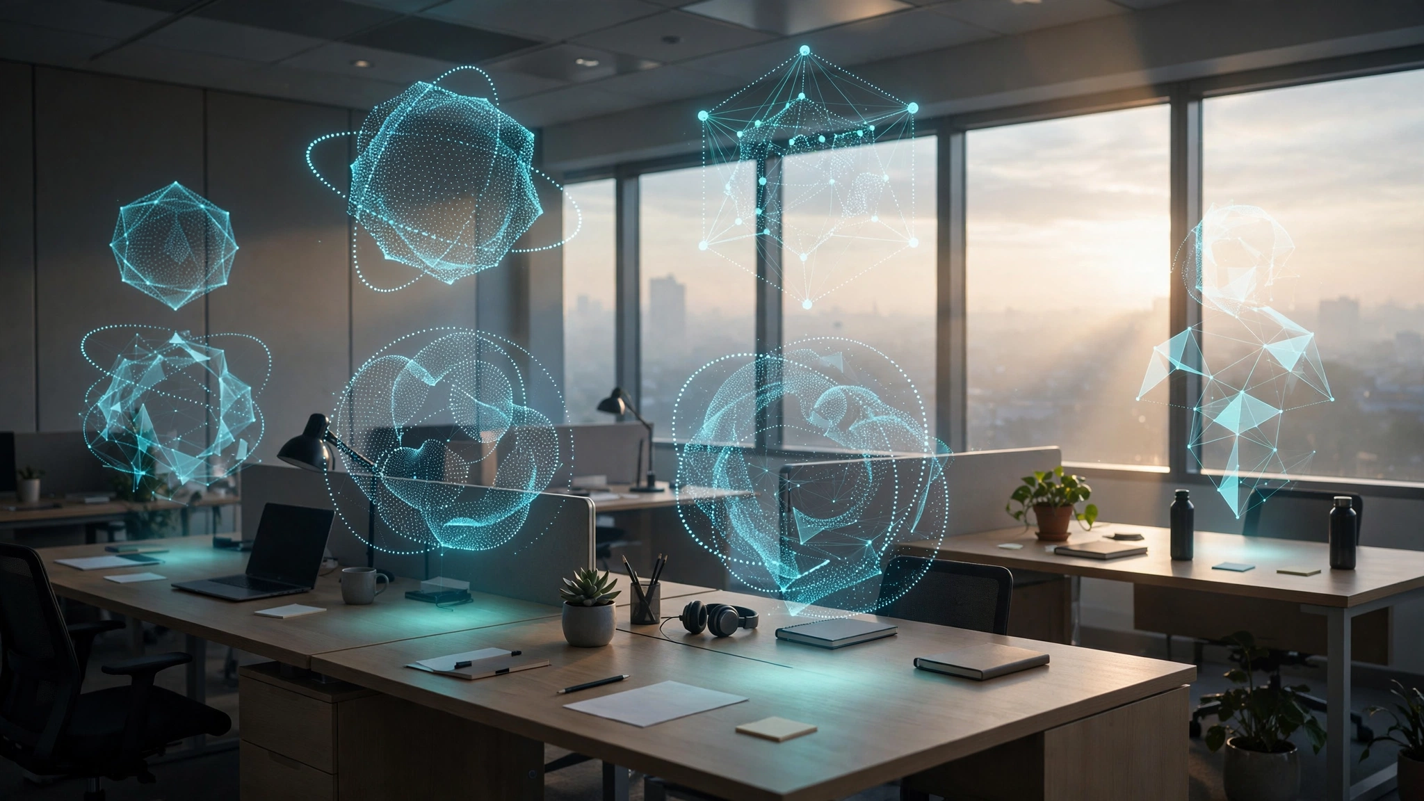 Holographic AI assistant outlines over empty office desks illustrating OpenAI Dots working around the clock