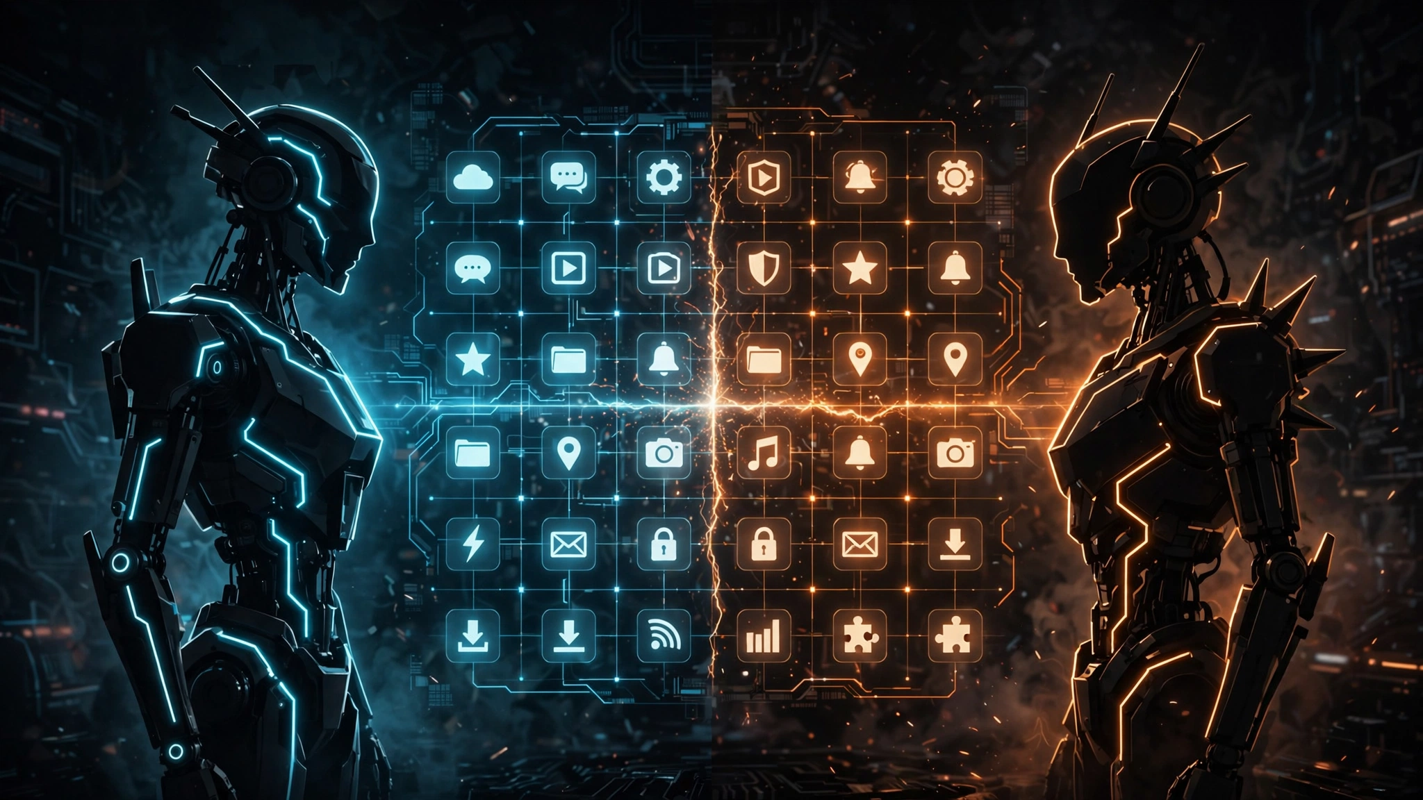 Two abstract AI assistants facing off, illustrating OpenAI Dots competing with Meta's Muse