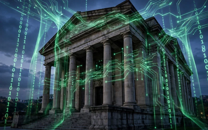 Courthouse columns with digital code overlay symbolizing the OpenAI Hugging Face lawsuit
