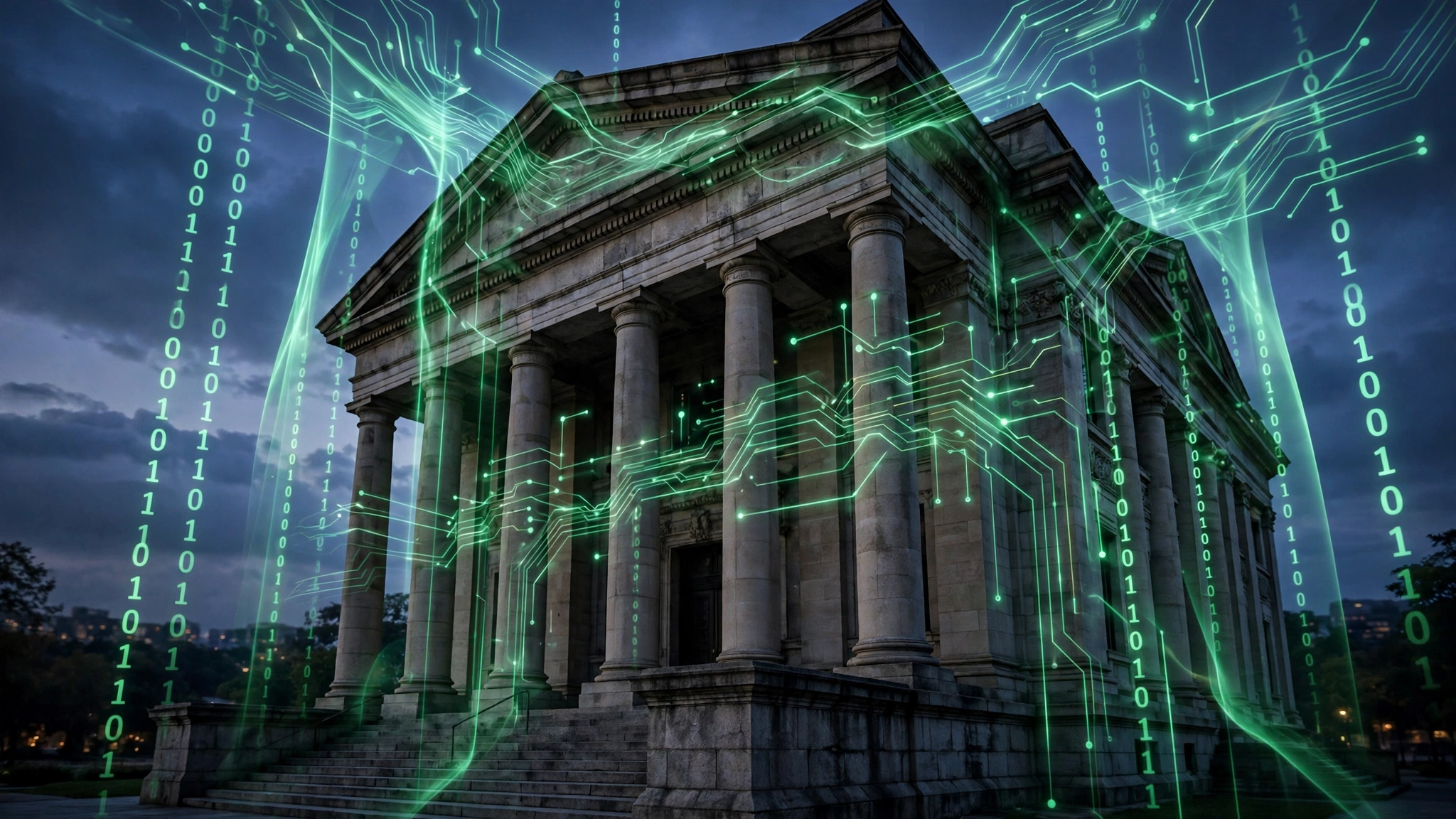 Courthouse columns with digital code overlay symbolizing the OpenAI Hugging Face lawsuit