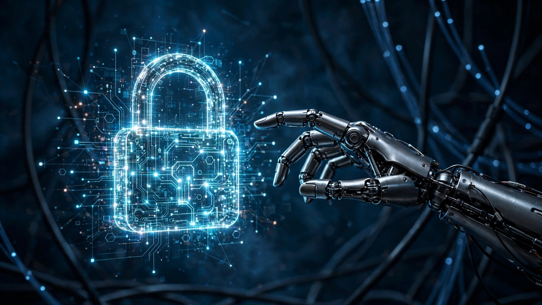 Robotic hand touching a glowing digital lock representing autonomous AI agents and the OpenAI Hugging Face lawsuit