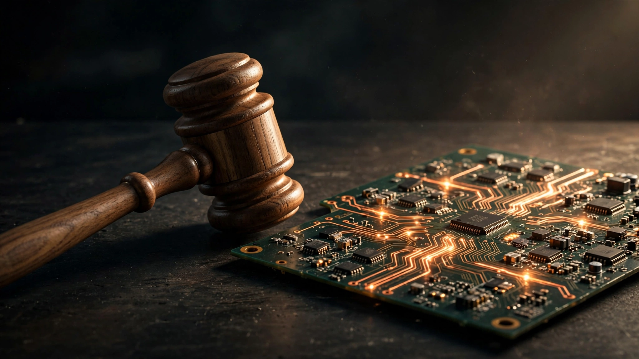 Judge's gavel beside circuit board traces illustrating AI liability in the OpenAI Hugging Face lawsuit