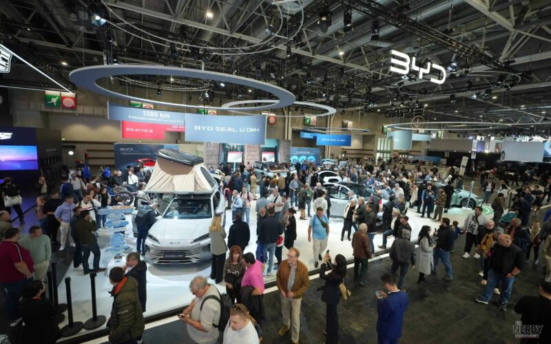 BYD's crowded stand at Paris Motor Show 2026, where around 20 Chinese brands are exhibiting