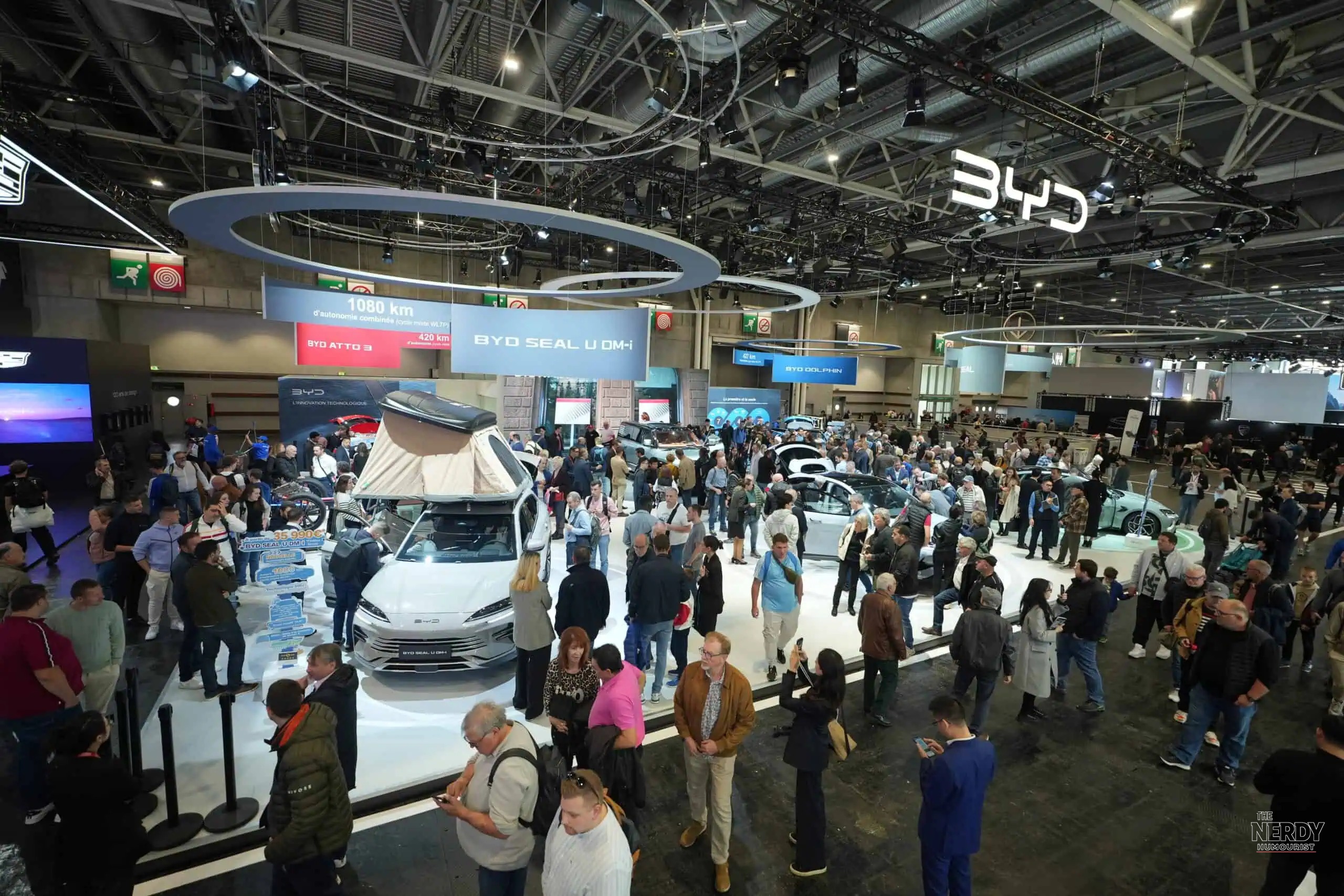 BYD's crowded stand at Paris Motor Show 2026, where around 20 Chinese brands are exhibiting