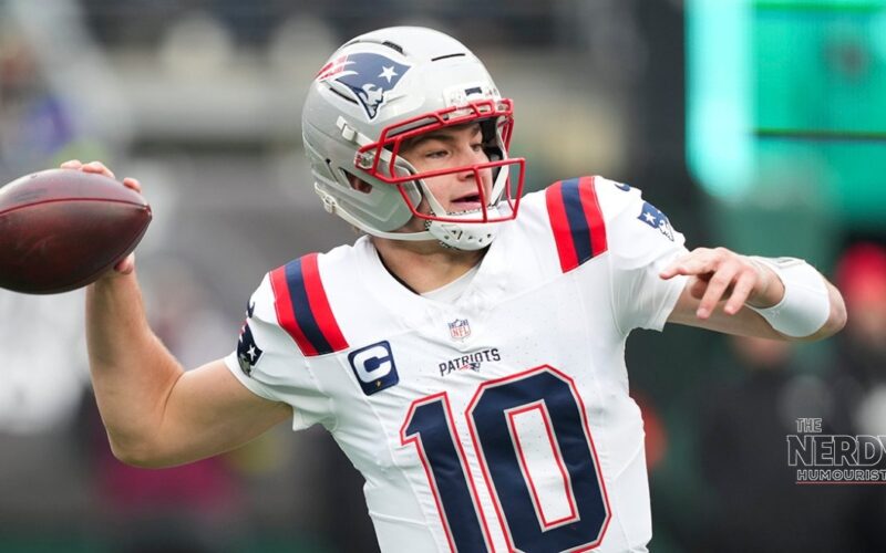 Drake Maye throwing for the New England Patriots in their 29-26 Week 5 win over the Buffalo Bills