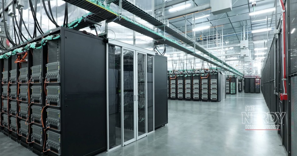 AI datacenter hall with GPU server racks during record Penguin Solutions earnings quarter