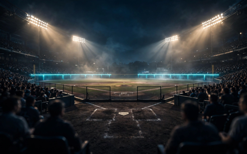 Night baseball stadium after Phillies Braves Game 2 with ball clearing the outfield fence
