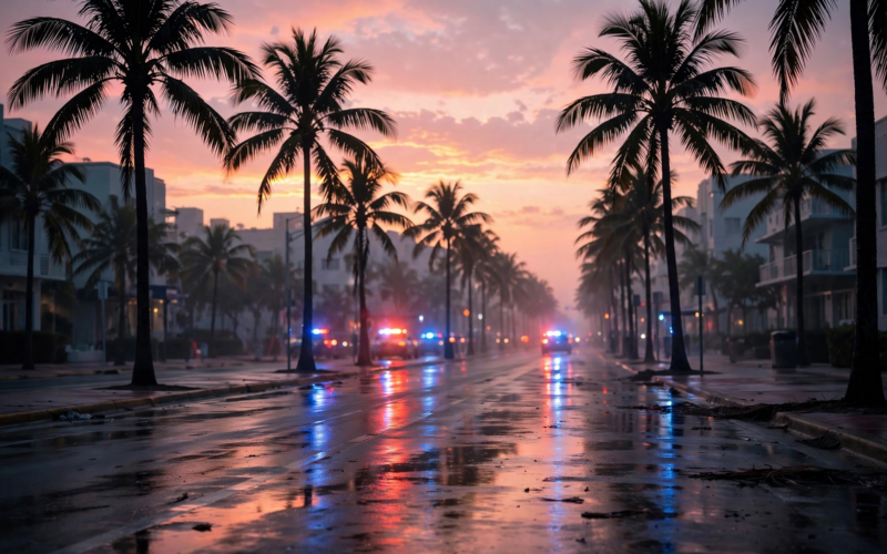 Miami Beach street at dawn with blurred police lights after Rick Ross arrested